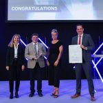 Skyrora team member Olexandr Grydin receiving award from Ms. Mona Neuba, Mr. Felix Neugart and Ms. Petra Pigerl-Radtke.